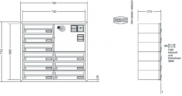 RENZ Briefkastenanlage Unterputz, Eckrahmen, Edelstahl V4A, Kastenformat 370x110x270mm, mit Klingel - & Lichttaster und Vorbereitung Gegensprechanlage, 9-teilig